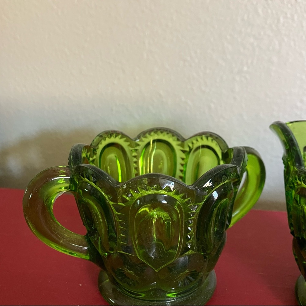Vintage Avocado Green Glass Creamer and Sugar Set Moon and Stars Pattern - Picture 3 of 7